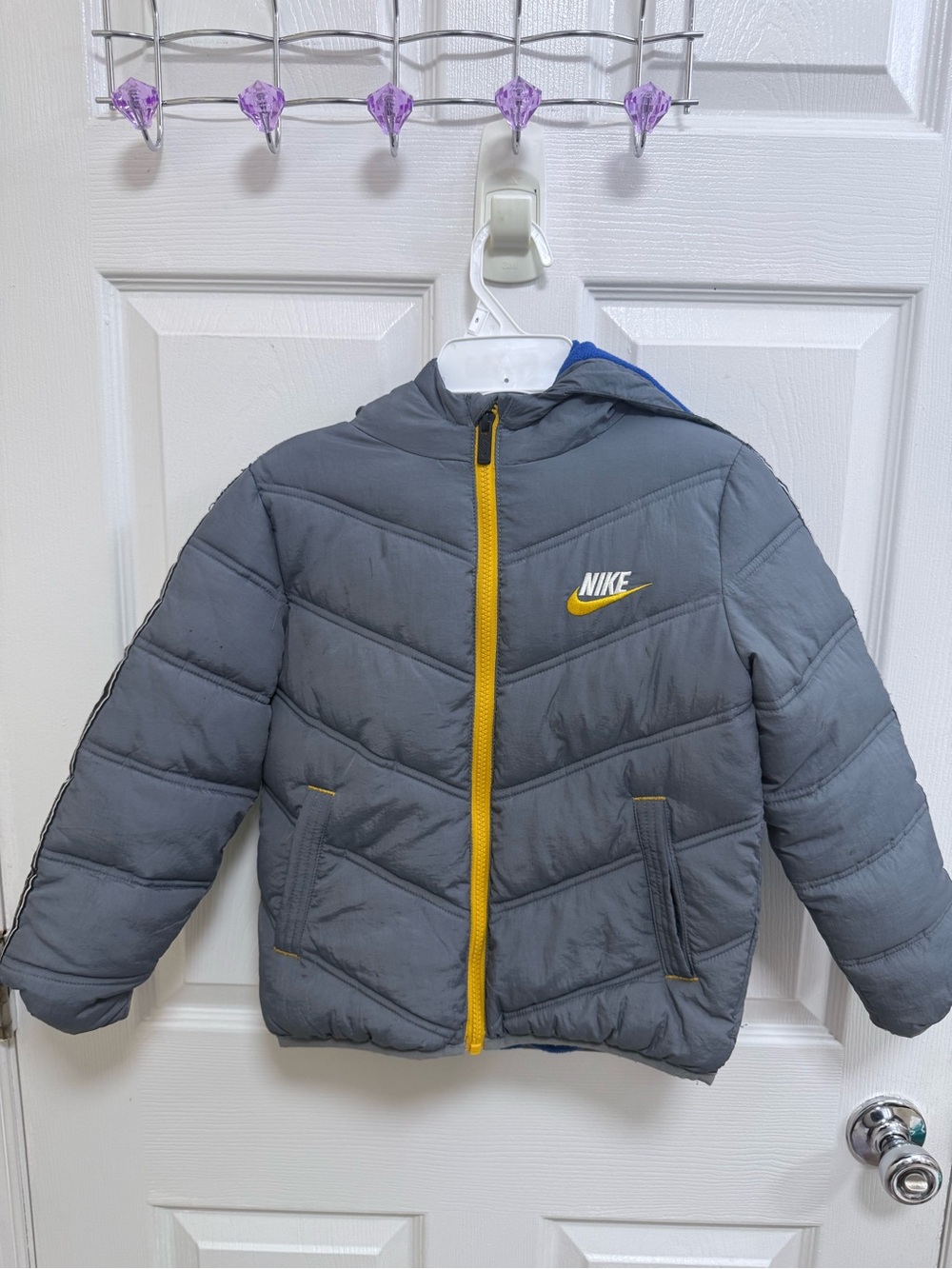 Nike Kids' Gray Puffer Jacket with Yellow Zip, Size 5